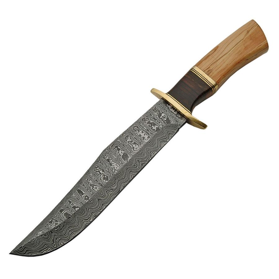 Cuchillo Bowie damasco con mango de olivo y funda de cuero