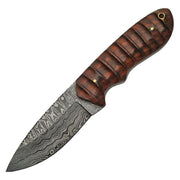 Cuchillo damasco con mango de madera y funda de cuero, longitud total 216 mm, hoja 102 mm