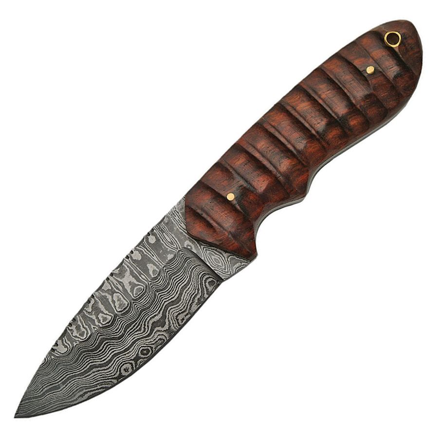 Cuchillo damasco con mango de madera y funda de cuero, longitud total 216 mm, hoja 102 mm