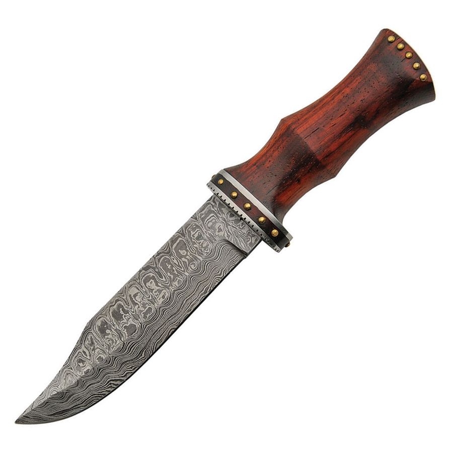 Cuchillo Bowie con hoja de acero damasco y mango de madera, incluye funda de cuero para cinturón