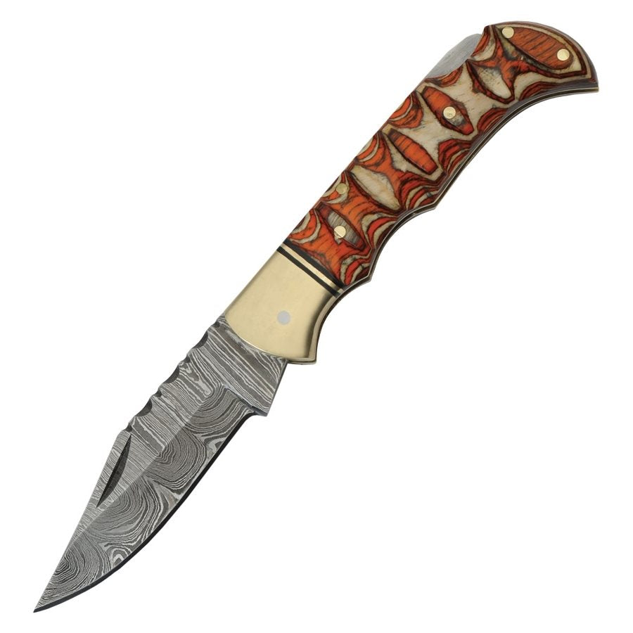 Navaja plegable Damasco Twisted con mango de madera y funda de cuero