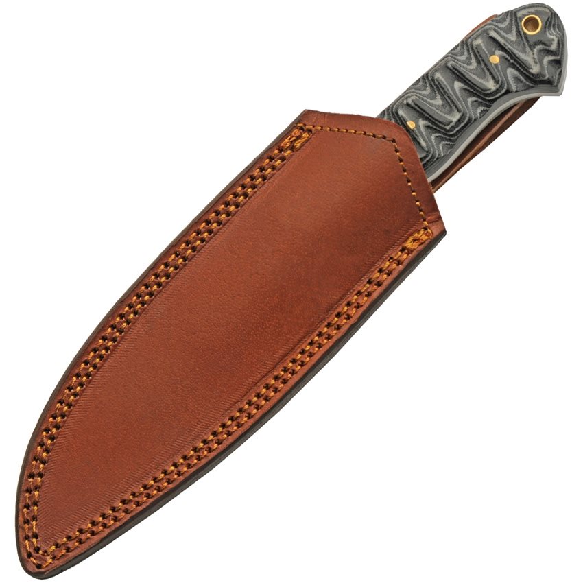 Cuchillo CHARCOAL HUNTER con hoja de damasco 108 mm y mango micarta negro-blanco, con funda de cuero