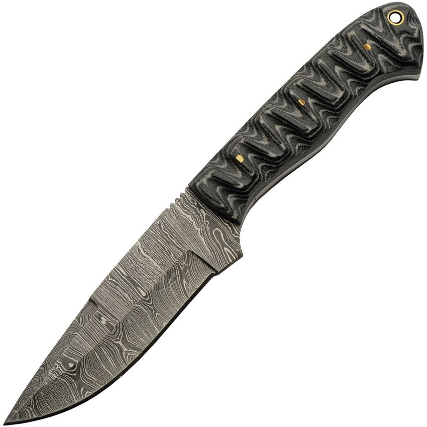 Cuchillo CHARCOAL HUNTER con hoja de damasco 108 mm y mango micarta negro-blanco, con funda de cuero