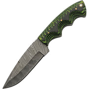 Navaja de hoja fija de acero damasco con mango micarta negro-verde y funda de cuero para cinturón