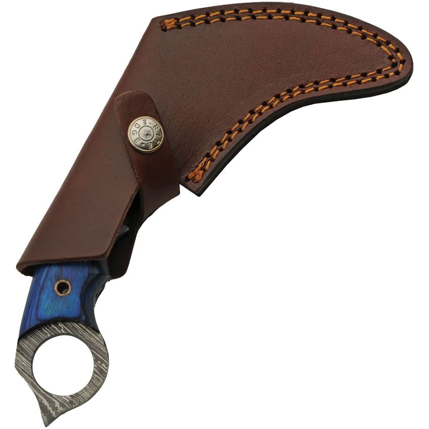 Navaja karambit TALON azul con hoja curva de damasco y mango pakkawood azul