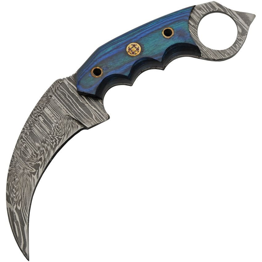 Navaja karambit TALON azul con hoja curva de damasco y mango pakkawood azul