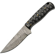 Cuchillo fijo GROOVED con hoja de acero damasco, filo liso y mango de madera con remates metálicos