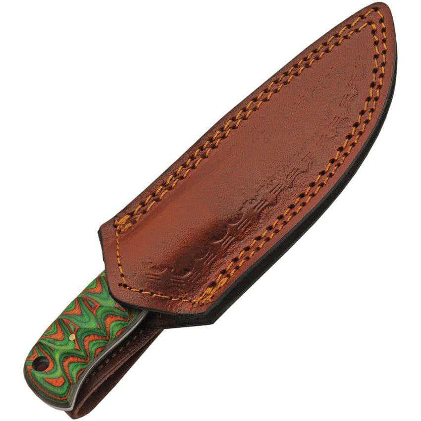 Cuchillo HUNTER GREEN con hoja de acero damasco y mango de madera naranja-verde