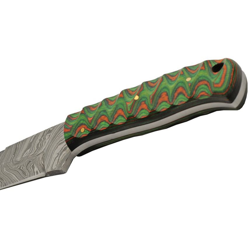 Cuchillo HUNTER GREEN con hoja de acero damasco y mango de madera naranja-verde