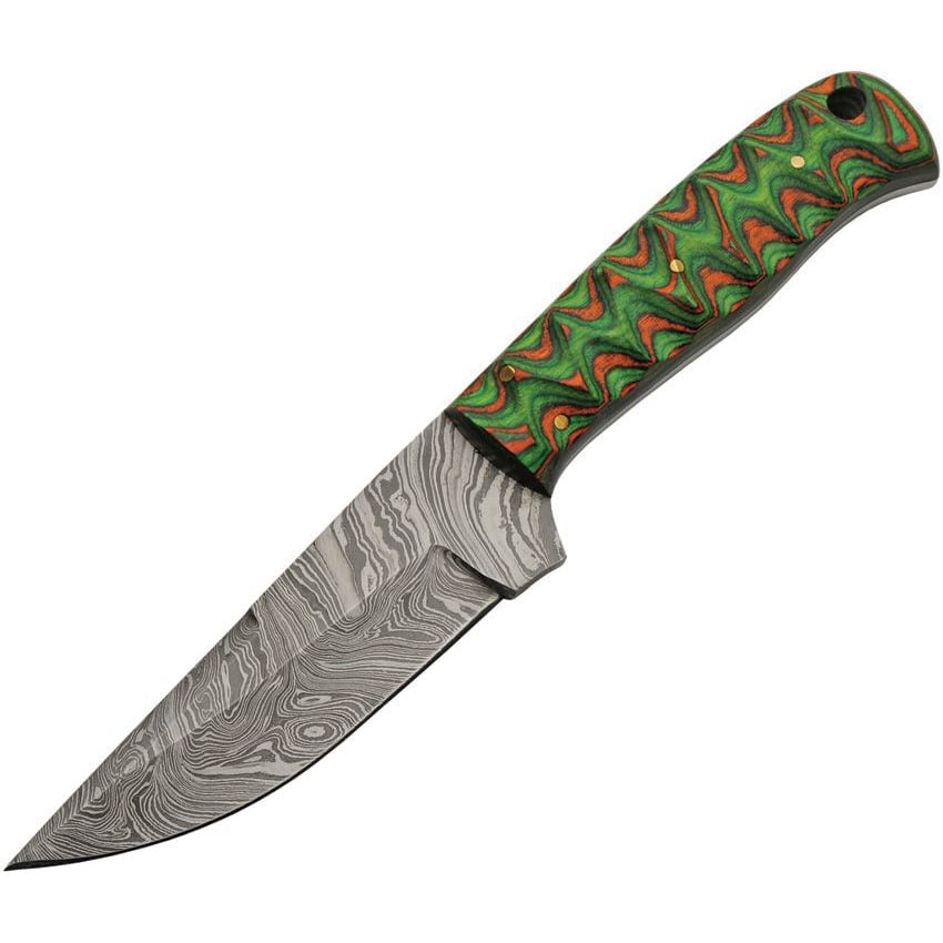 Cuchillo HUNTER GREEN con hoja de acero damasco y mango de madera naranja-verde