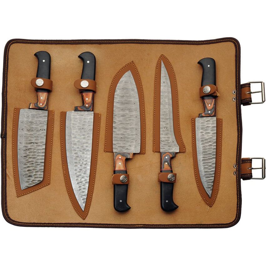 Set de 5 cuchillos de cocina en acero damasco con funda de polipiel
