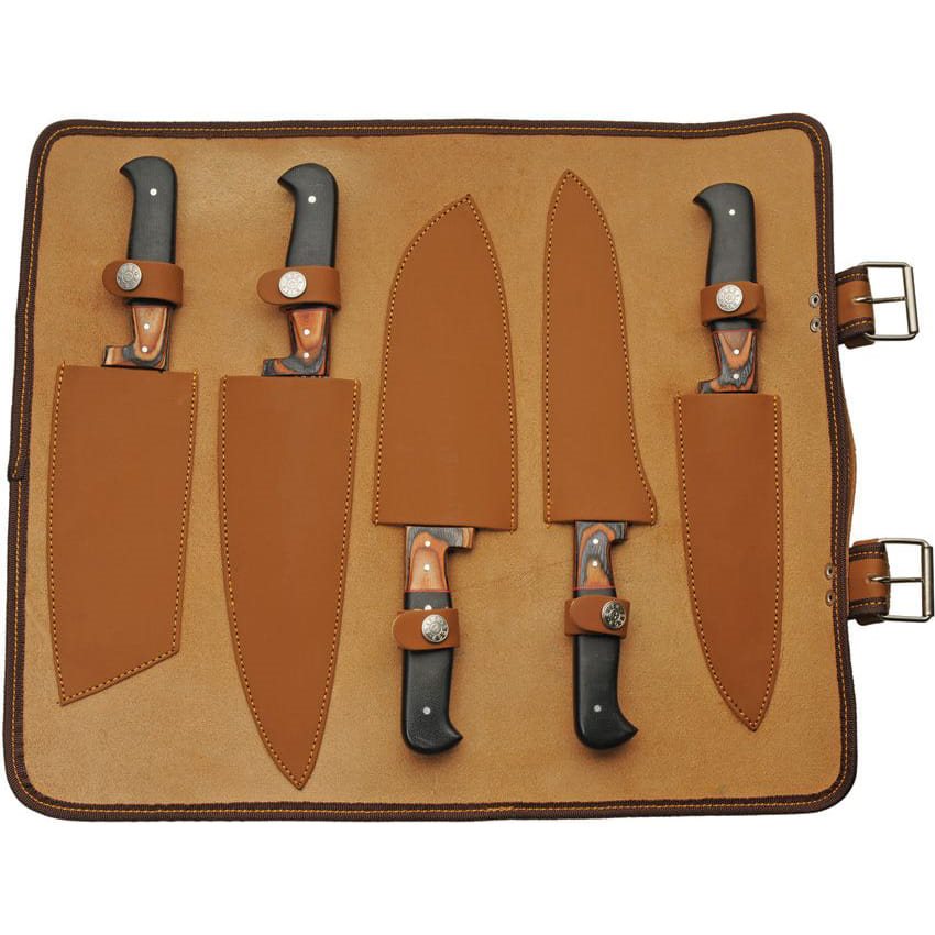 Set de 5 cuchillos de cocina en acero damasco con funda de polipiel