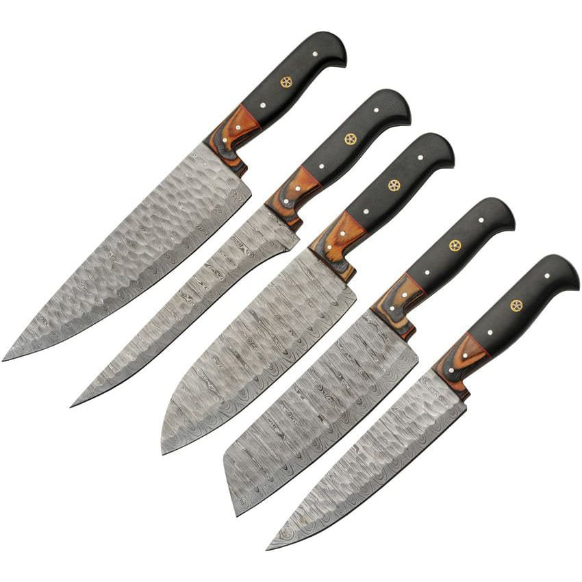 Set de 5 cuchillos de cocina en acero damasco con funda de polipiel