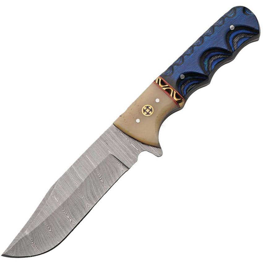 Cuchillo damasco BLUE WOOD de hoja fija con funda de cuero