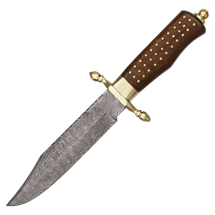 Cuchillo BRASS PIN BOWIE con hoja de damasco y funda de piel
