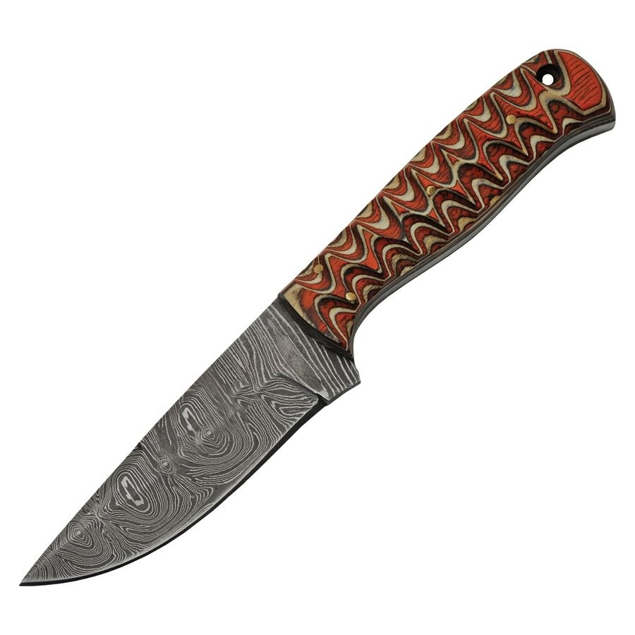 Cuchillo fijo WOOD HUNTER con hoja damasco, mango de madera y funda de cuero marrón