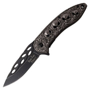 Cuchillo plegable gris con cuatro calaveras y hoja lisa de 78 mm