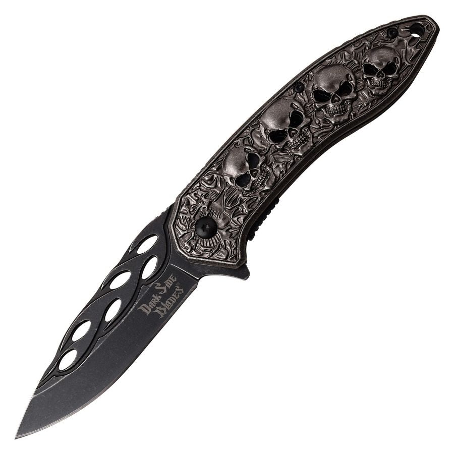 Cuchillo plegable gris con cuatro calaveras y hoja lisa de 78 mm
