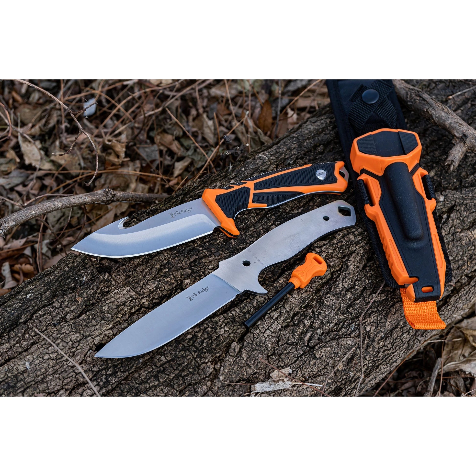 Set 2 cuchillos fijos HUNTING COMBO naranja - hoja 11,4 cm, acero 8Cr13MoV, incluye pedernal y funda