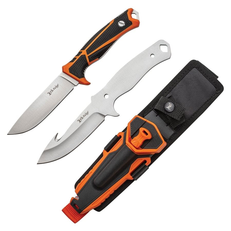 Set 2 cuchillos fijos HUNTING COMBO naranja - hoja 11,4 cm, acero 8Cr13MoV, incluye pedernal y funda