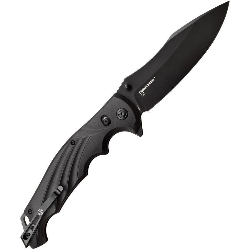 Navaja plegable CONQUEROR negra, hoja lisa 12 cm, acero 8Cr13MoV, flipper y clip de bolsillo