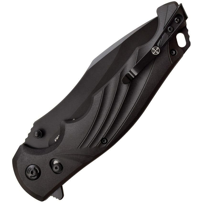Navaja plegable CONQUEROR negra, hoja lisa 12 cm, acero 8Cr13MoV, flipper y clip de bolsillo