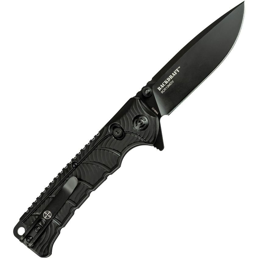 Navaja plegable BACKDRAFT negra con hoja drop point de acero 8Cr13MoV y bloqueo DLM