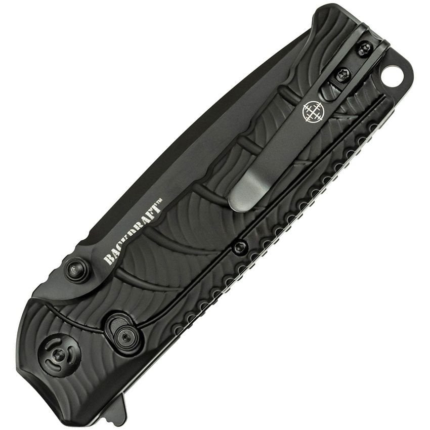 Navaja plegable BACKDRAFT negra con hoja drop point de acero 8Cr13MoV y bloqueo DLM