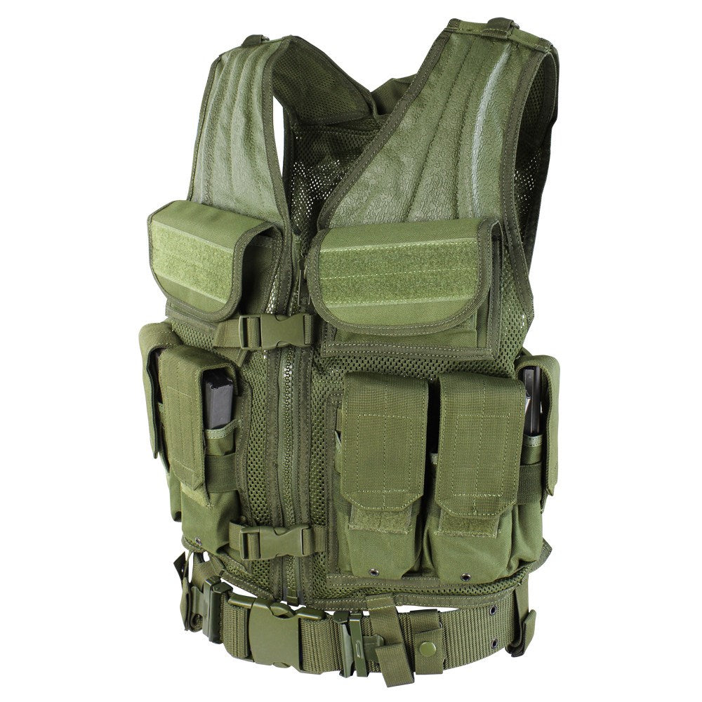 Chaleco táctico ELITE TACTICAL verde con 6 bolsillos para cargadores y respaldo de malla con MOLLE