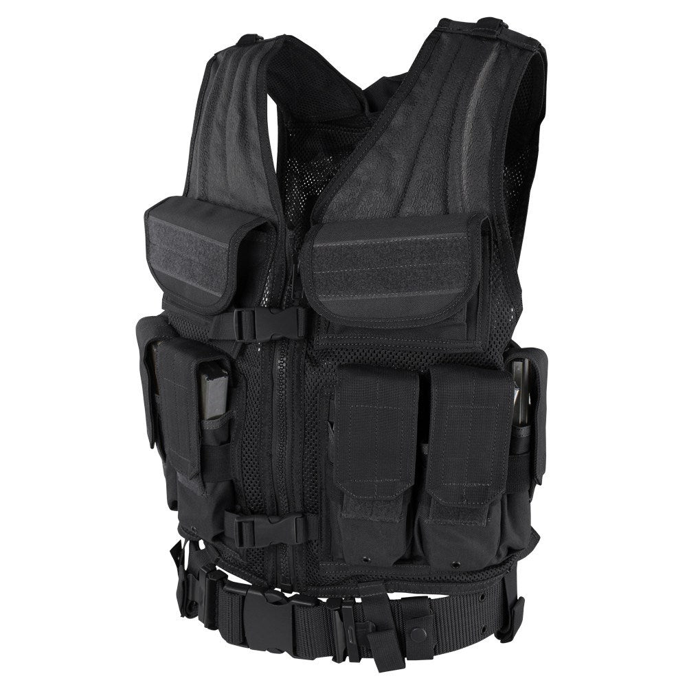 Chaleco táctico ELITE TACTICAL verde, vista con bolsillos y panel trasero de malla