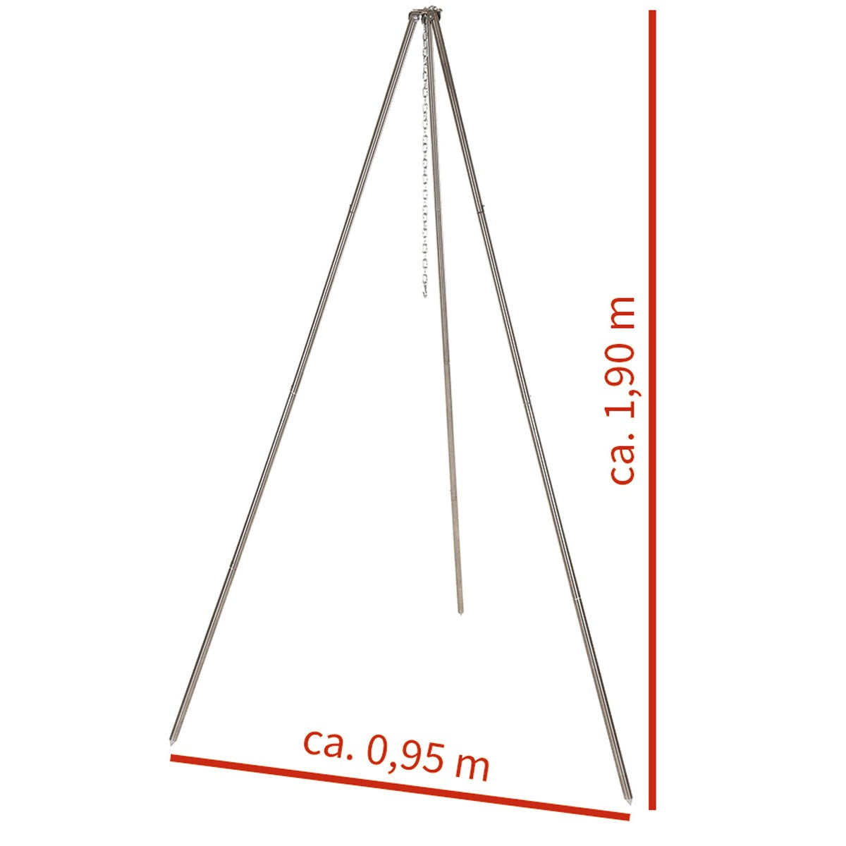 Trípode grande de acero inoxidable plegable con cadena ajustable para colgar calderos