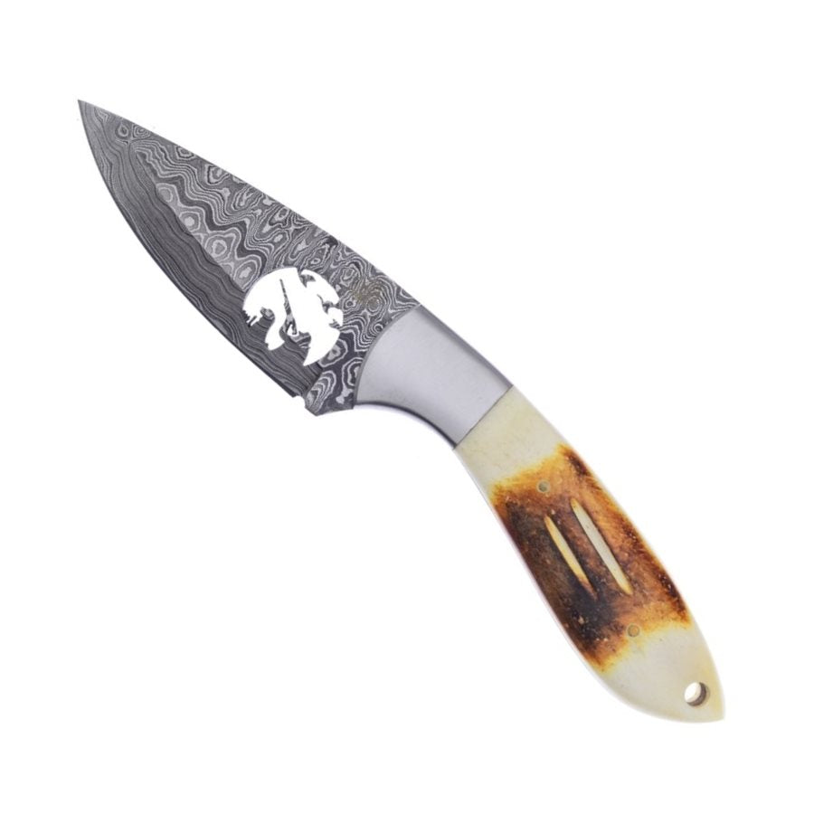 Cuchillo de caza SKINNER, hoja de acero damasco 9,53 cm, mango de hueso y decoración de cazador con perro, funda de cuero