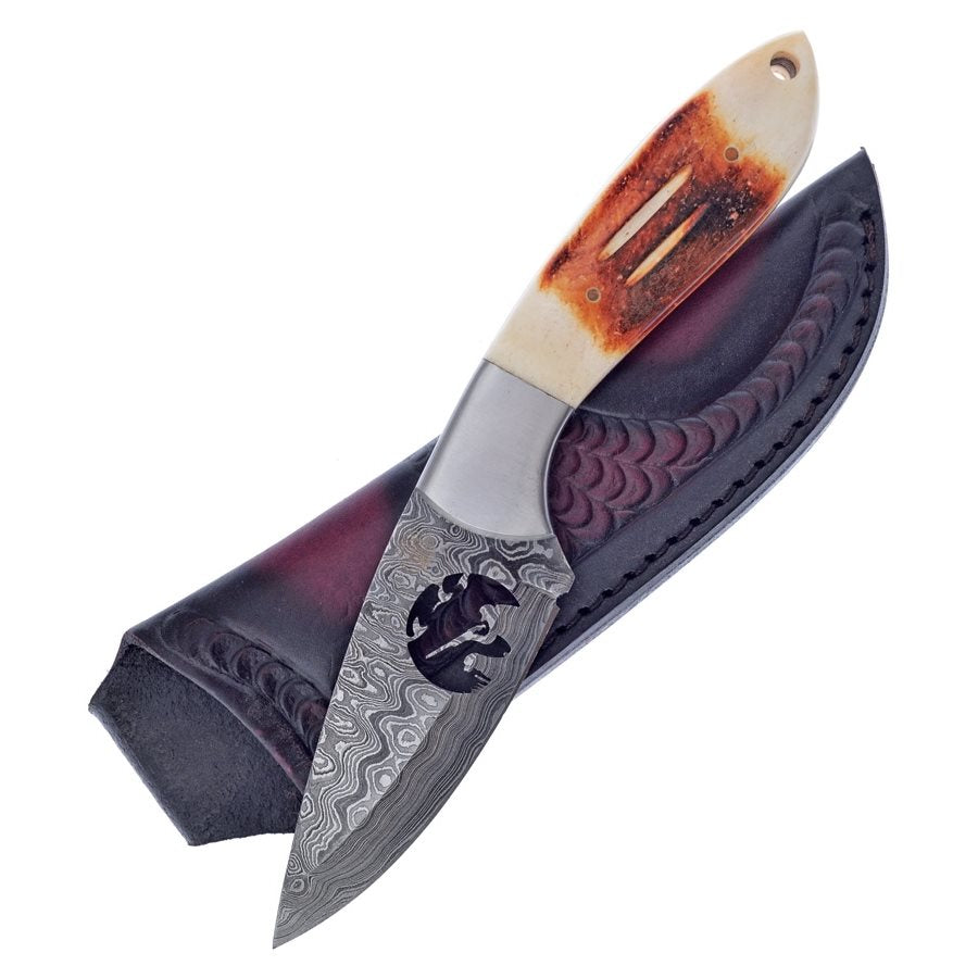 Cuchillo de caza SKINNER con hoja de acero damasco de 9,53 cm, mango de hueso y funda de cuero para cinturón