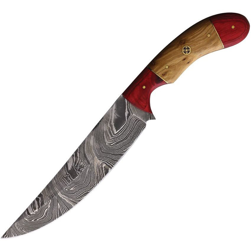 Cuchillo WOODAM de acero damasco con hoja curvada y mango de madera, funda de cuero.
