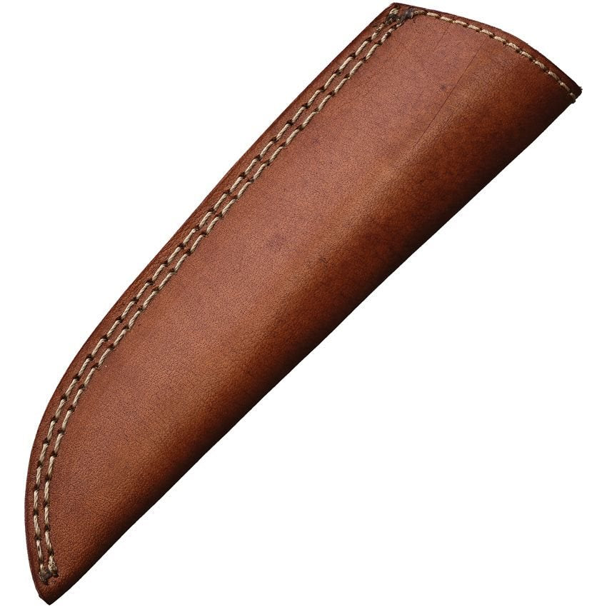 Cuchillo WOODBRO hoja de acero damasco, mango madera marron/rojo y funda de cuero