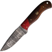 Cuchillo WOODBRO hoja de acero damasco, mango madera marron/rojo y funda de cuero