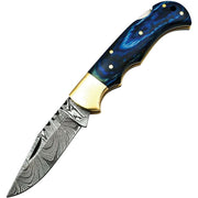 Navaja plegable azul con hoja de acero damasco, clip point y cierre LockBack
