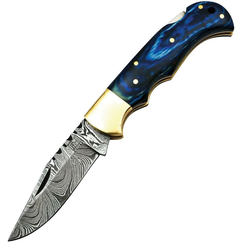 Navaja plegable azul con hoja de acero damasco, clip point y cierre LockBack