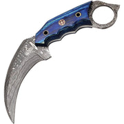 Cuchillo Karambit FH de acero damasco azul con mango Pakkawood y funda de cuero