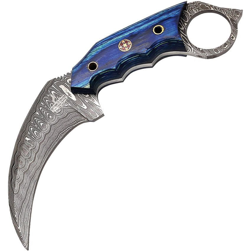 Cuchillo Karambit FH de acero damasco azul con mango Pakkawood y funda de cuero