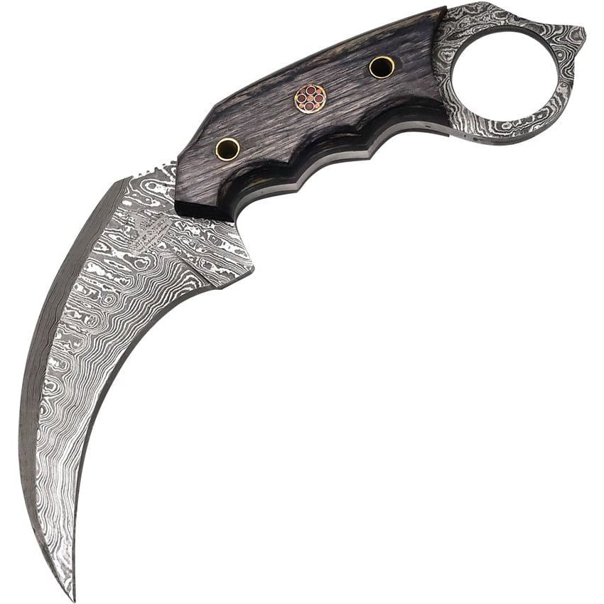 Cuchillo Karambit acero damasco con mango Pakkawood y funda de cuero negro