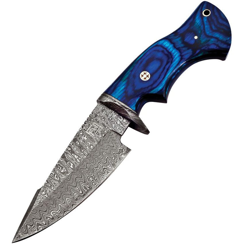 Navaja WOODBLU con hoja de acero damasco y mango azul Pakkawood