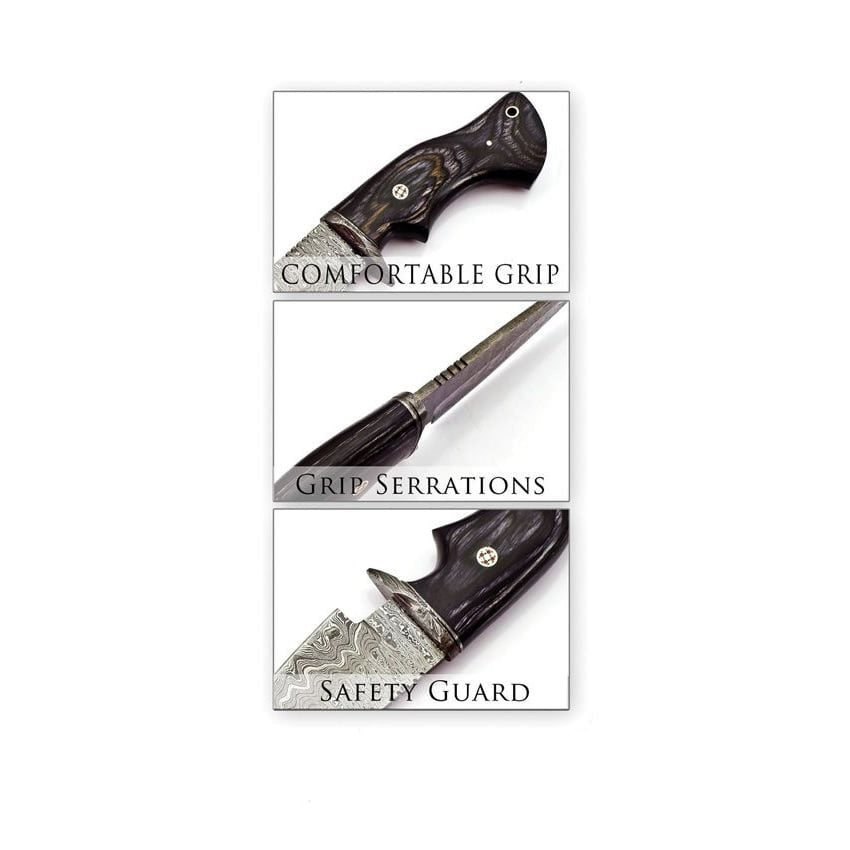 Cuchillo WOODGRA de hoja fija en acero damasco con guarda y mango Pakkawood negro/gris