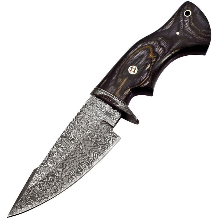 Cuchillo WOODGRA de hoja fija en acero damasco con guarda y mango Pakkawood negro/gris