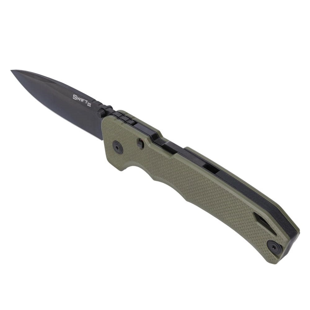 Navaja plegable SWIFT III verde con filo liso, acero de herramientas, apertura asistida y seguro Atlas®