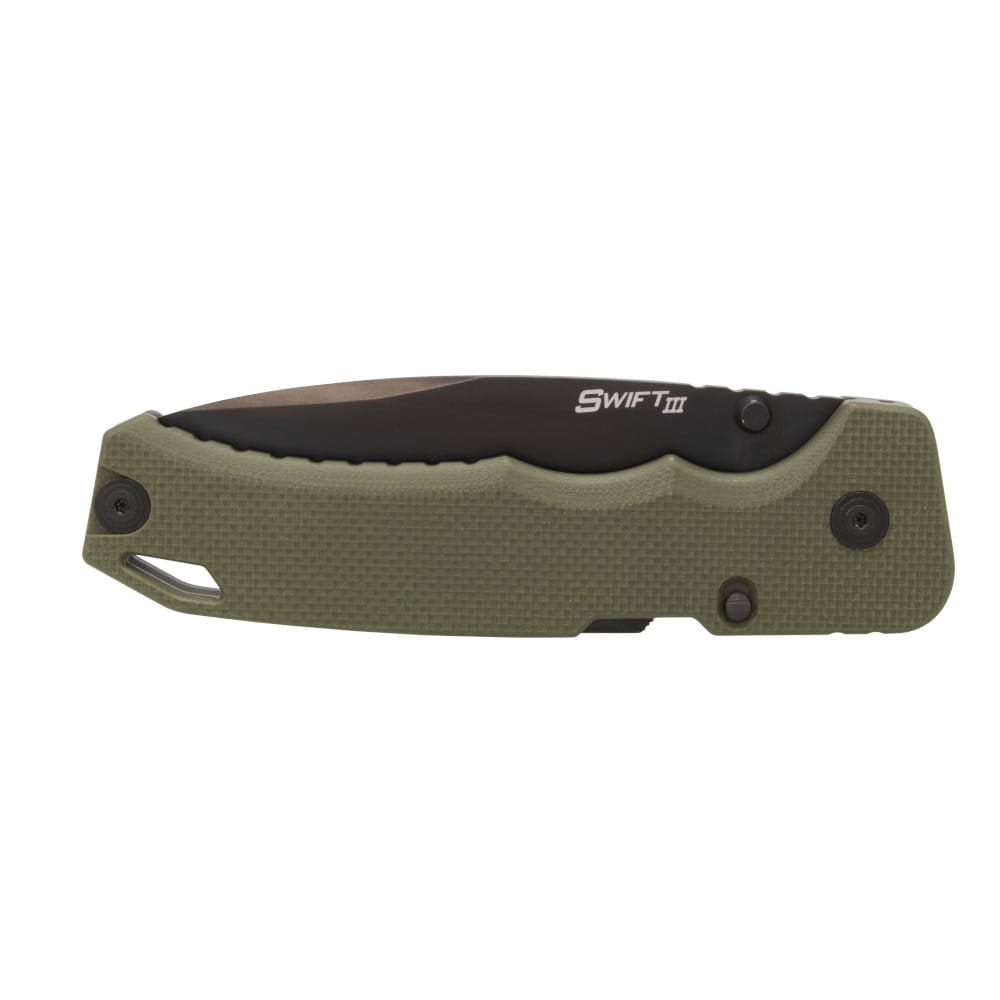 Navaja plegable SWIFT III verde con filo liso, acero de herramientas, apertura asistida y seguro Atlas®