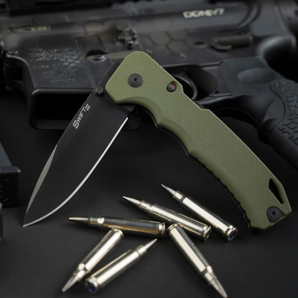Navaja plegable SWIFT III verde con filo liso, acero de herramientas, apertura asistida y seguro Atlas®