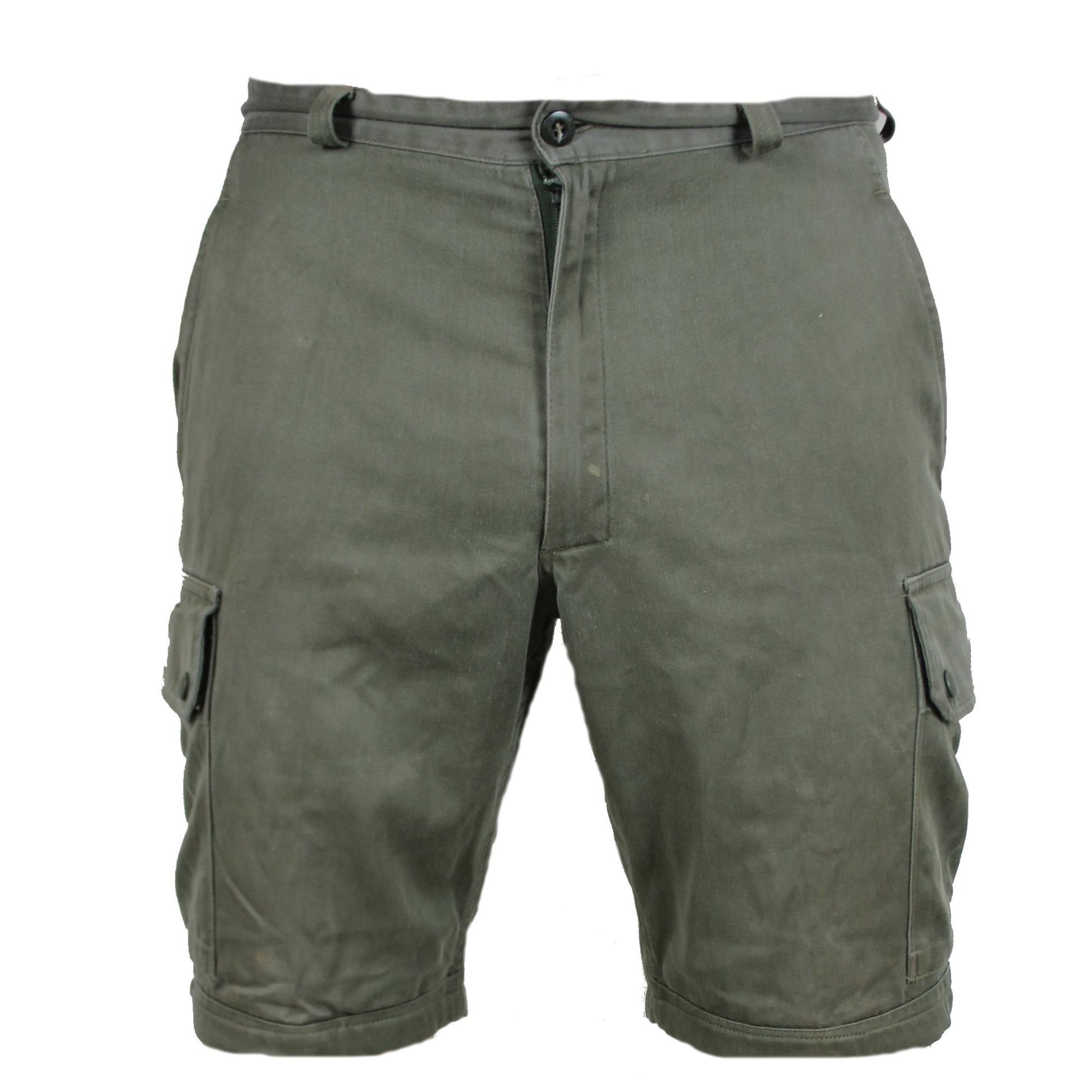 Pantalones cortos militares franceses F2 verdes usados con bolsillos en muslos y laterales