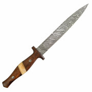 Daga VALLEY FORGE con hoja de acero damasco, empuñadura de madera y hueso y funda de cuero