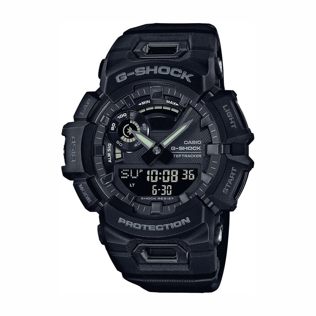 Reloj G-Shock GBA-900UU-1AER negro, vista frontal del reloj deportivo con caja y correa de resina